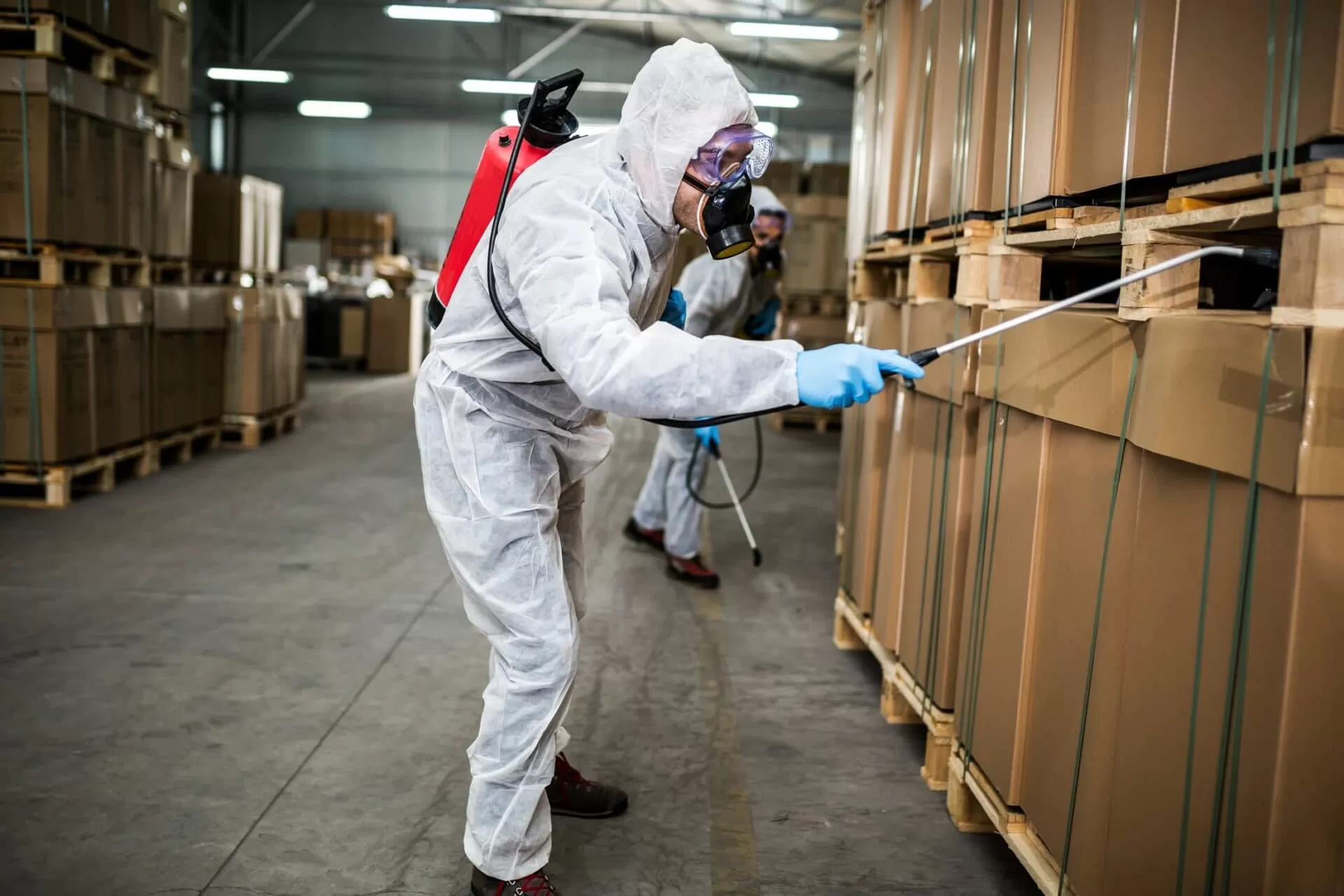 Pest control exterminator in hazmat suit spraying chemicals for pest eradication in commercial warehouse